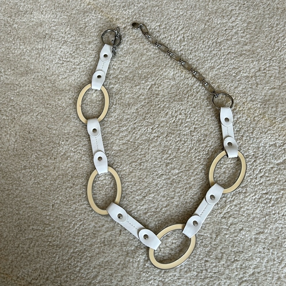 White leather and silver belt, about 36 inches total
